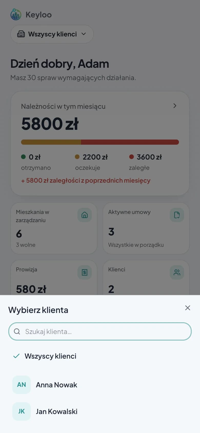 Przełącznik klienta w Keyloo: wyszukiwarka, „Wszyscy klienci” i lista właścicieli