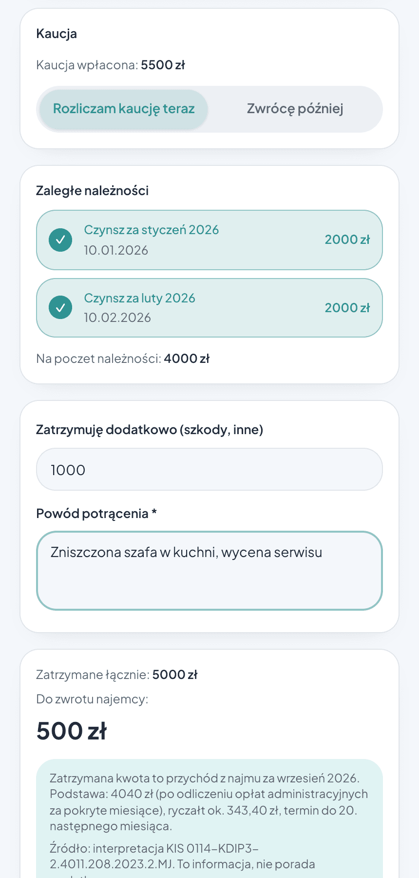 Ekran rozliczenia kaucji w Keyloo: zaznaczone dwie zaległości czynszowe, 1000 zł zatrzymane na szkody, do zwrotu 500 zł oraz podgląd podstawy i ryczałtu za miesiąc rozliczenia