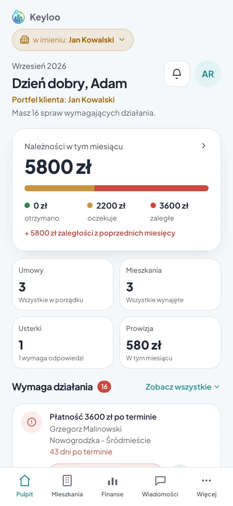 Pulpit portfela jednego klienta w Keyloo — ten sam układ, dane tylko tego właściciela