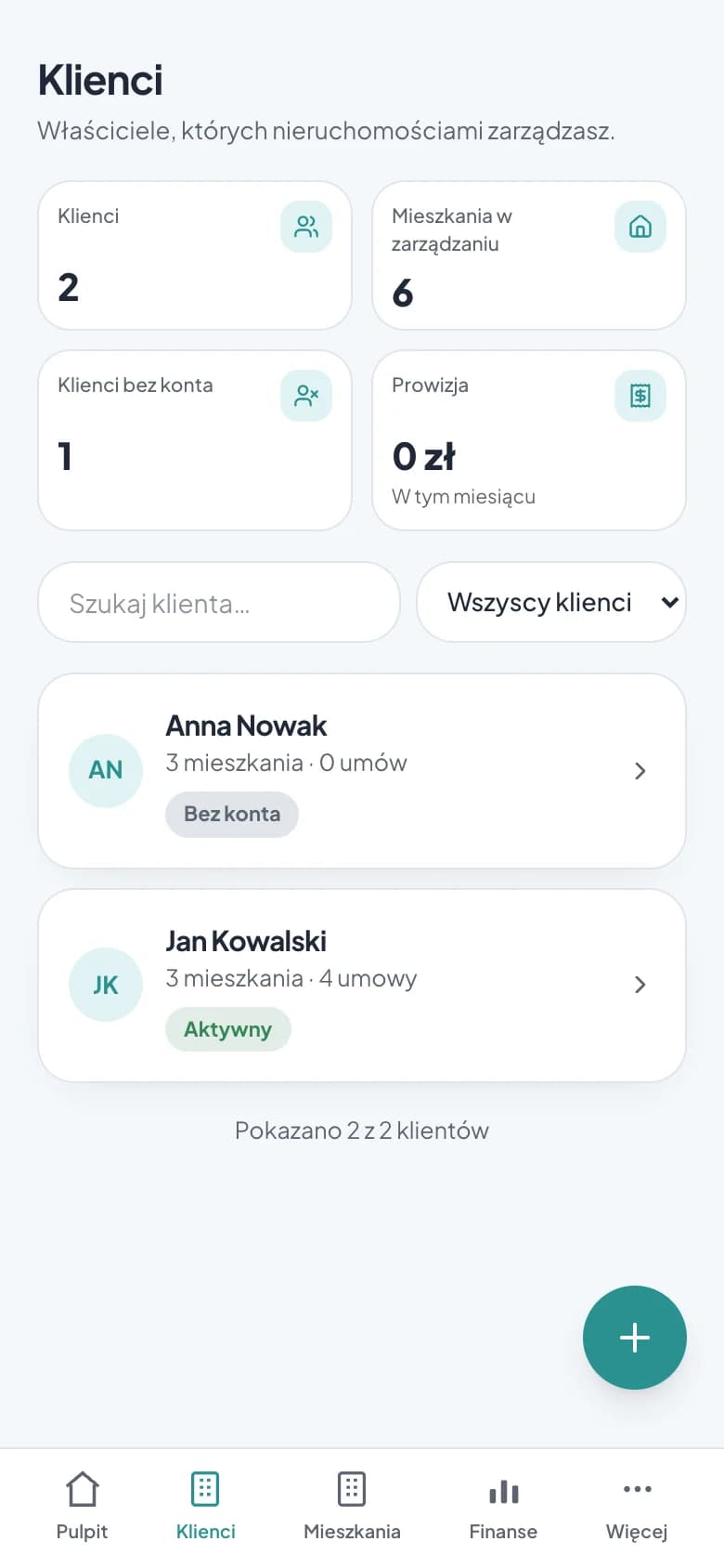 Lista klientów agencji w Keyloo: właściciele z liczbą mieszkań i umów, klienci z kontem i bez konta