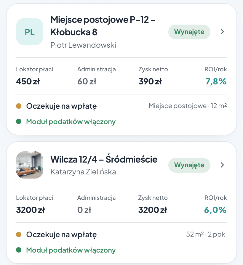 Lista nieruchomości w Keyloo: miejsce postojowe obok mieszkań, z czynszem, opłatą administracyjną i ROI