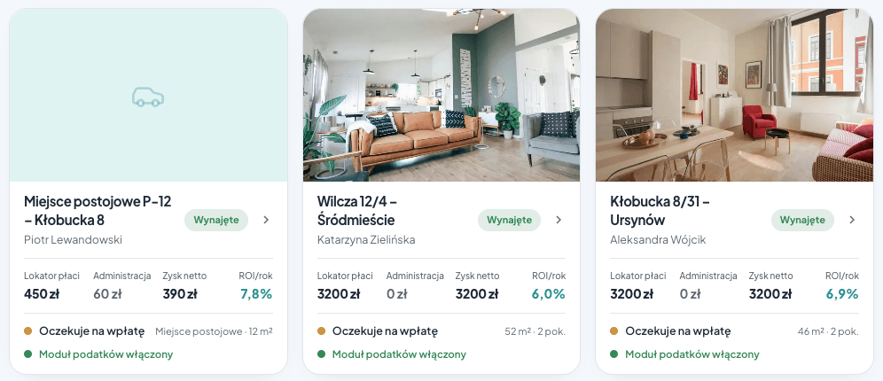 Lista nieruchomości w Keyloo: miejsce postojowe obok mieszkań, z czynszem, opłatą administracyjną i ROI