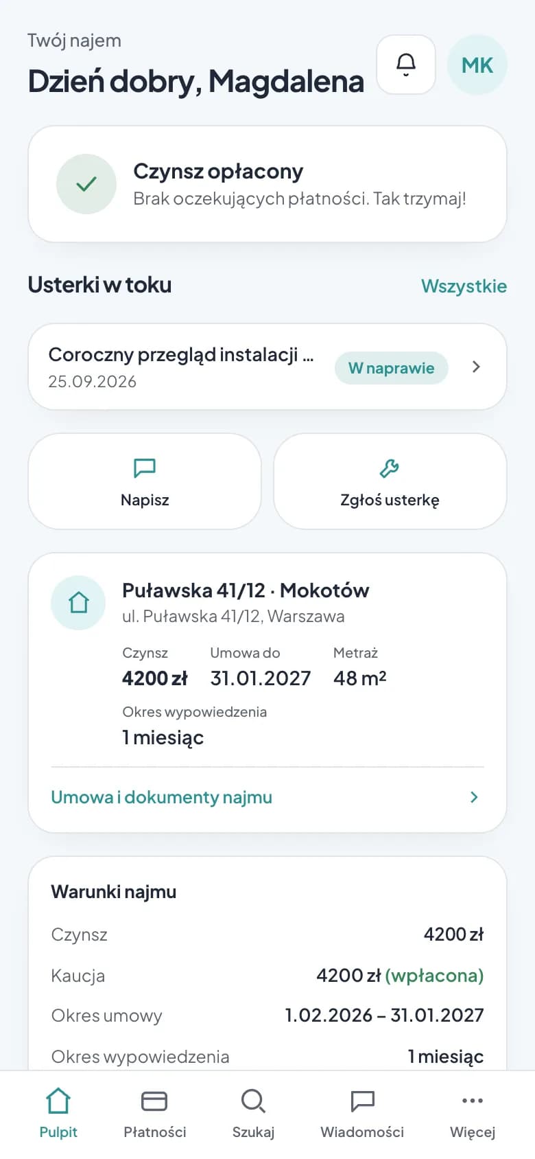 Aplikacja najemcy w Keyloo: czynsz opłacony, usterka w naprawie i warunki najmu
