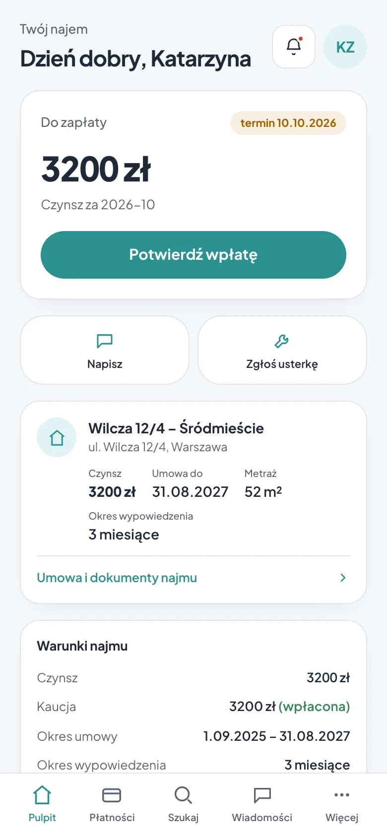 Aplikacja najemcy w Keyloo: czynsz do zapłaty z terminem i przyciskiem „Potwierdź wpłatę”